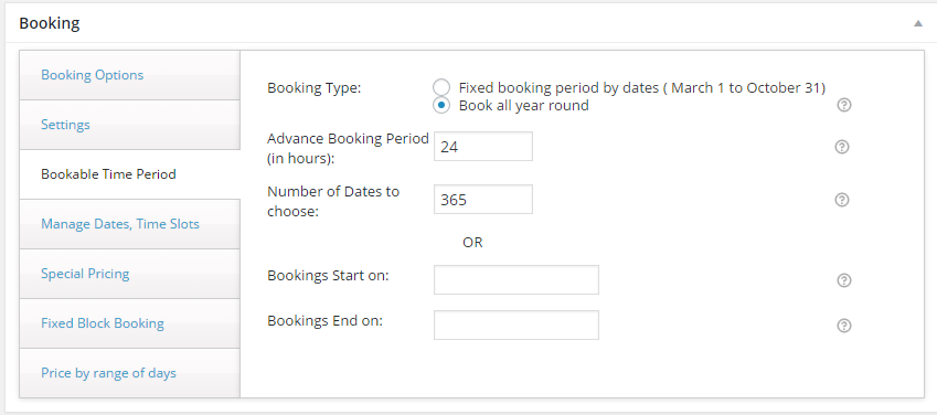 Screenshot of the booking settings