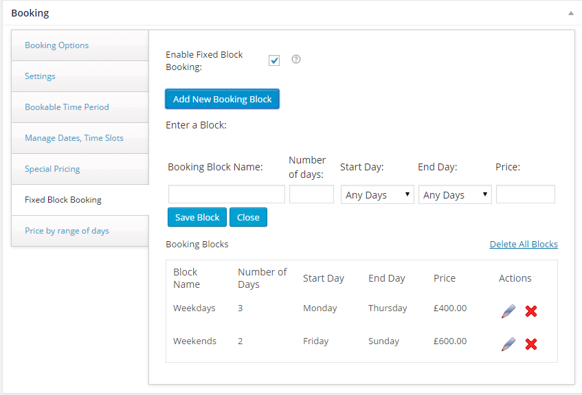 Screenshot for booking settings