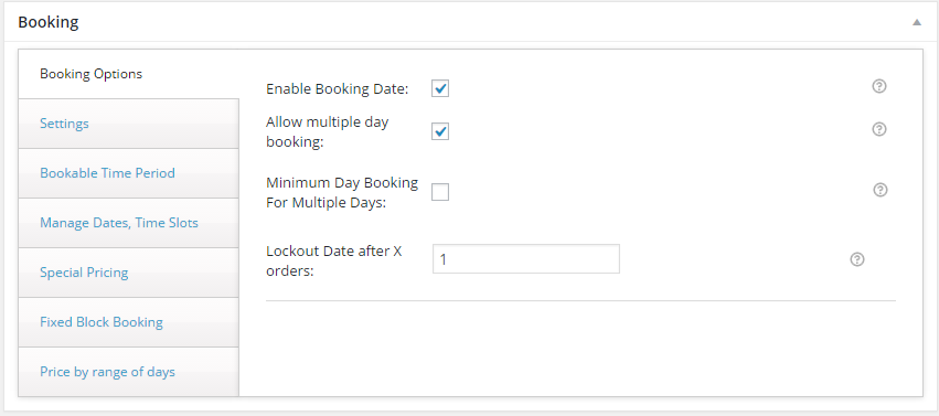 Rentals with WooCommerce - Screenshot for booking settings