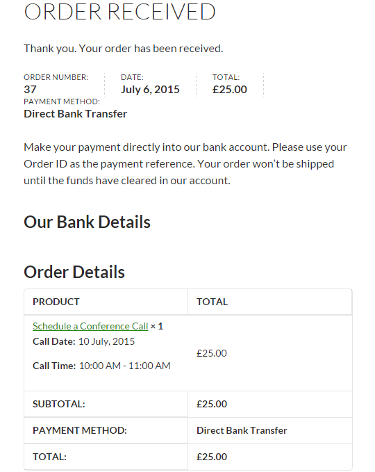 Turn your WooCommerce store into a booking platform - Order Placed
