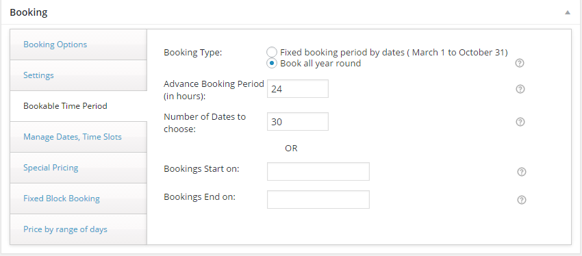 Settings for Bookable Time Period