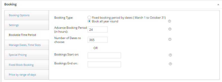 Bookable Time Period Settings