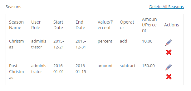 Change booking rates for different seasons with WooCommerce - List of seasons created