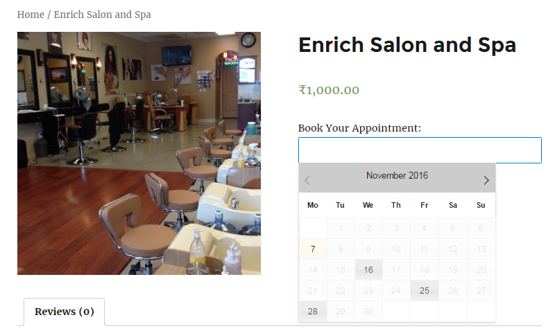 Services on certain dates - Frontend of Enrich Salon and Spa