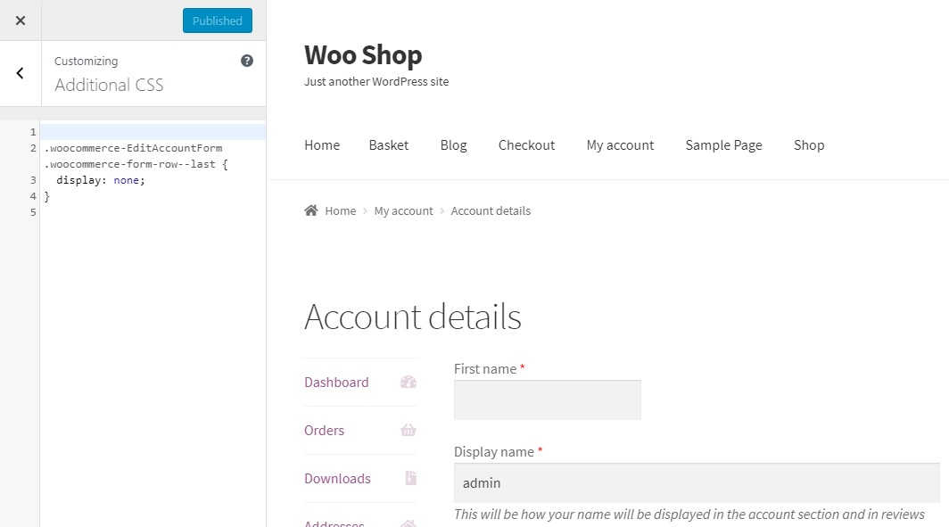 How to remove the Last name field from the My Account page in WooCommerce - Adding custom CSS