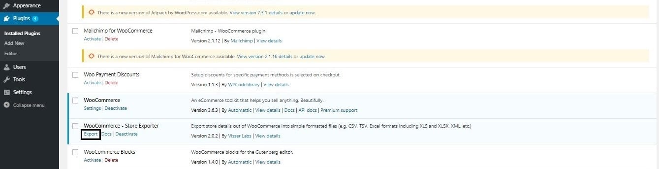 How to export WooCommerce categories - WooCommerce Store Exporter Plugin access button on Plugins page