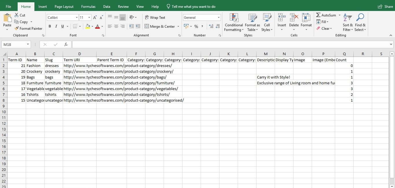 Excel file of exported product categories using WooCommerce Store Exporter Plugin