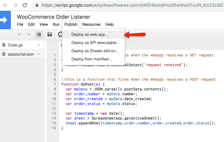 Setting up Woocoomerce export order: Google script deployed as web app