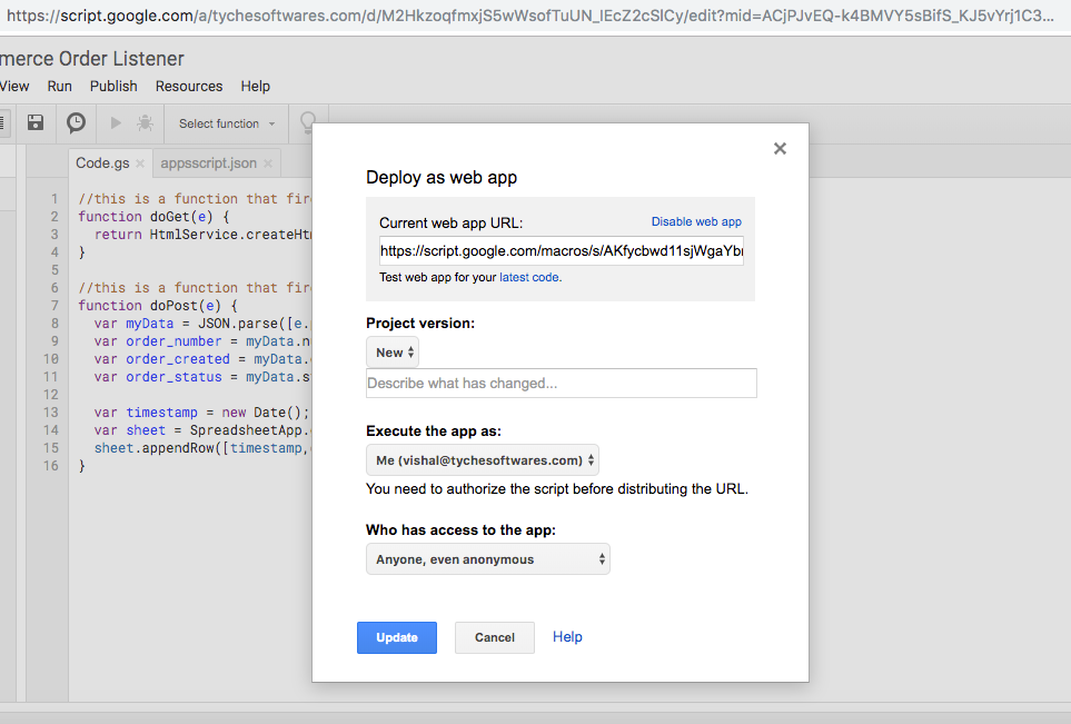 Setting up Woocoomerce export order: Google script deployed as web app