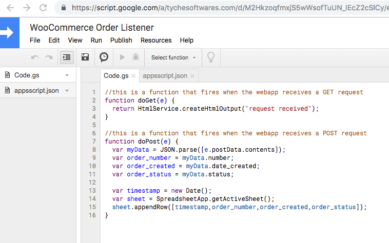 Google apps script editor code for fetching woocommerce order information 