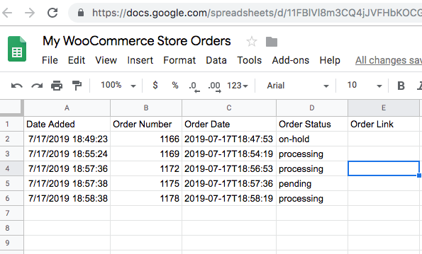 Google sheet with WooCommerce exported orders