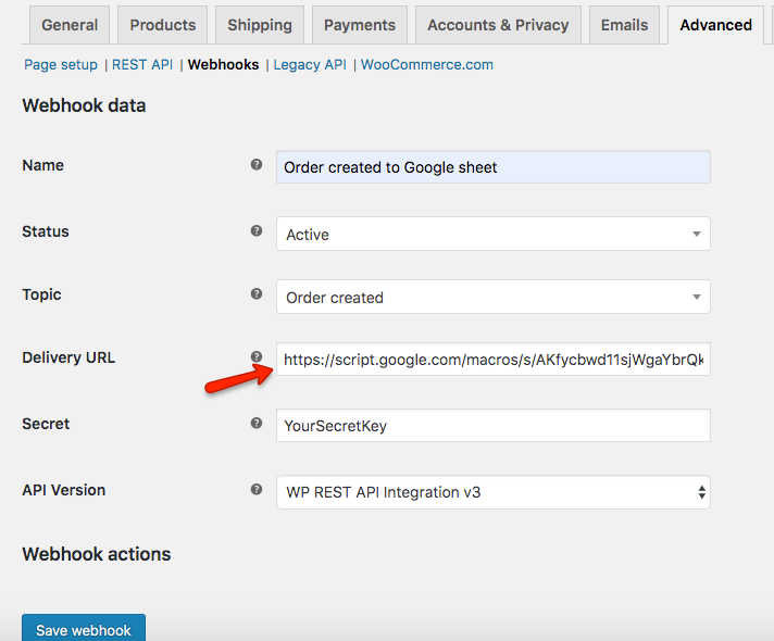 creating woocommerce webhook to enable woocommerce orders to be exported to google sheet