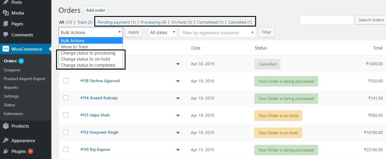 Rename Order Status Messages in WooCommerce - Order Status Messages in the Top Menu and Bulk Actions in the Admin Dashboard