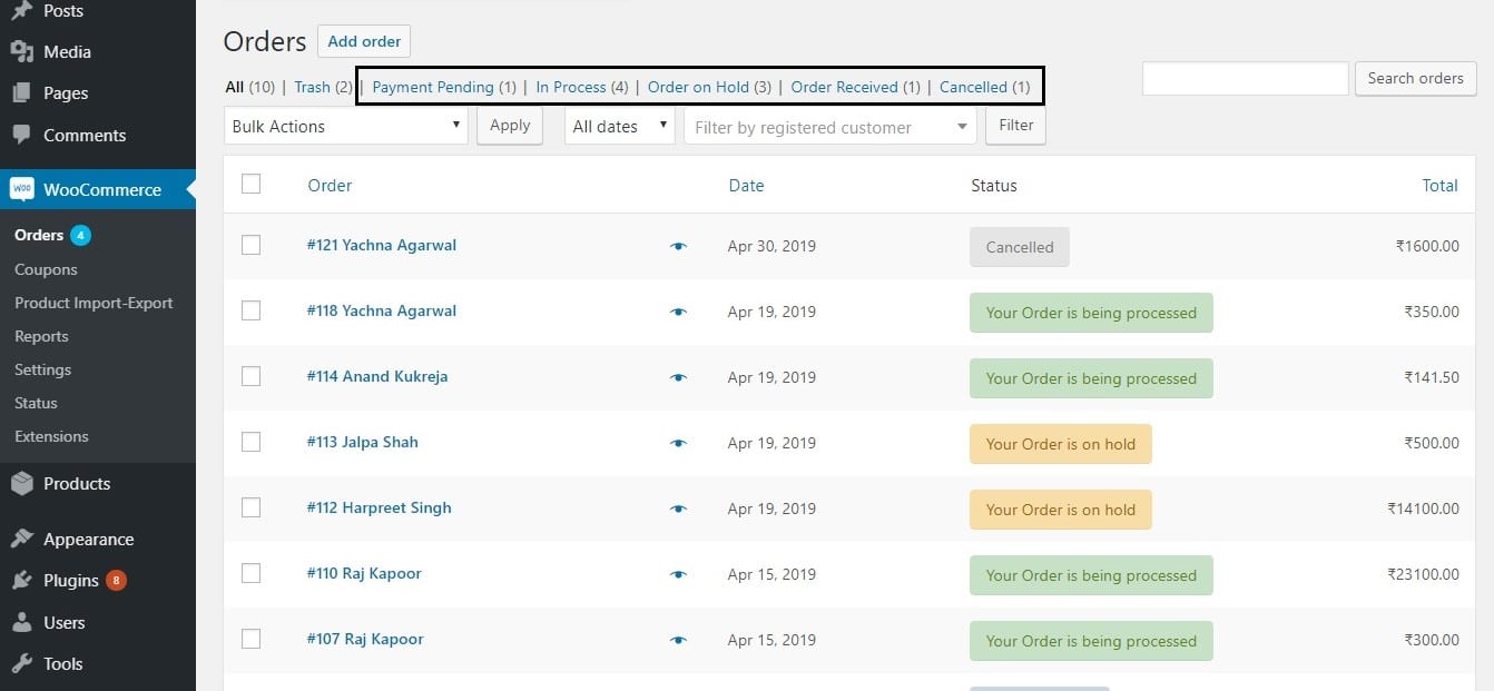 Rename Order Status Messages in WooCommerce - Order Status Message changed in Admin Top Menu