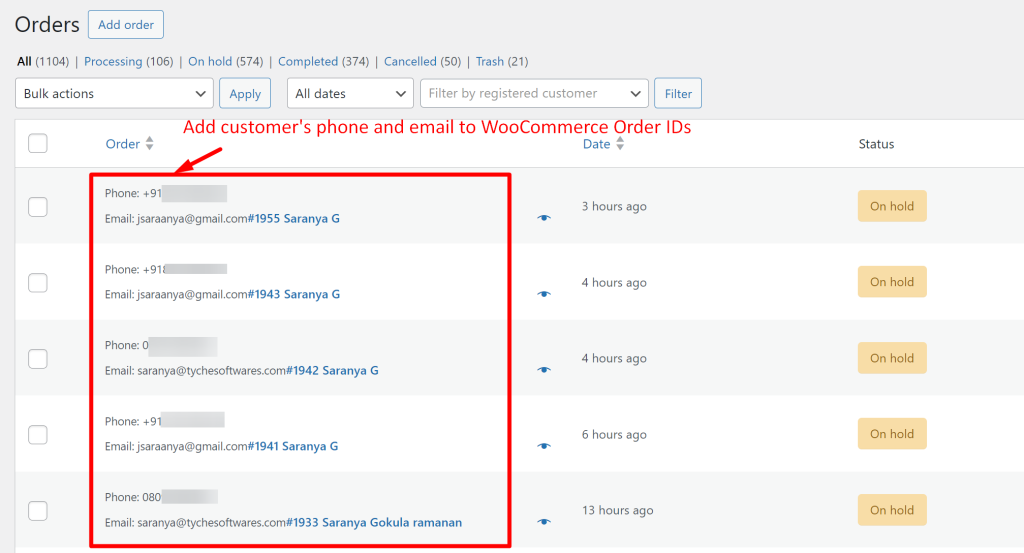 How to Add Customer Phone and Email to WooCommerce Orders IDs? - Tyche Softwares