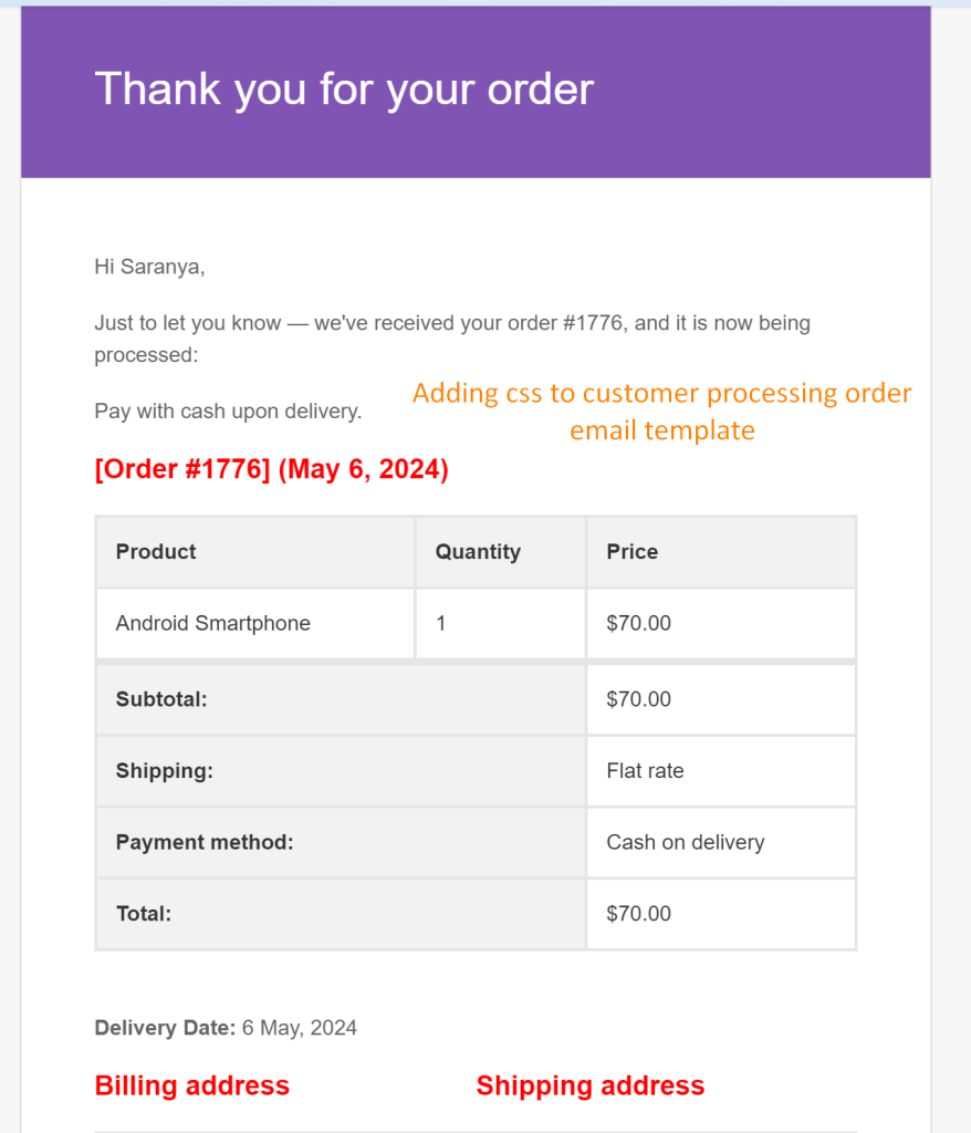 How to Add CSS to WooCommerce Customer Processing Order Email? - Tyche Softwares