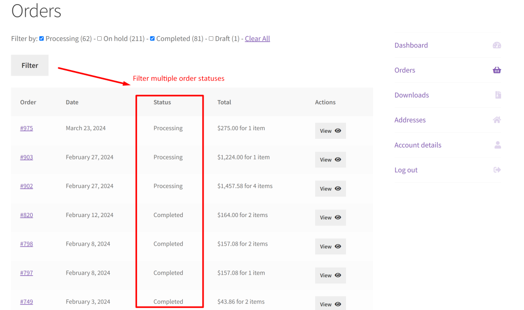 How to Filter WooCommerce Order Status @ My Account 'Orders' Section? - Tyche Softwares
