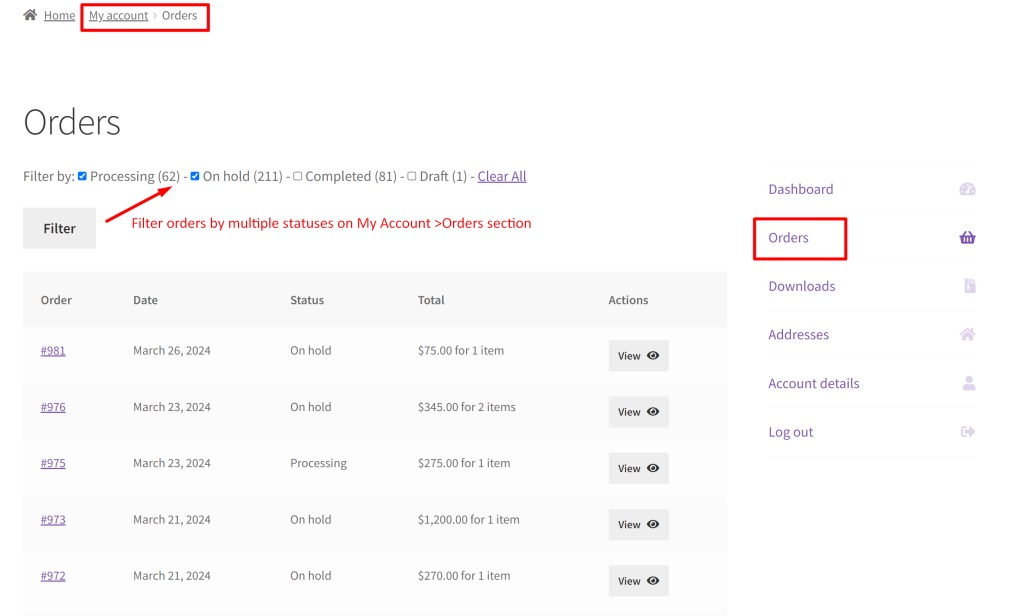 How to Filter WooCommerce Order Status @ My Account 'Orders' Section? - Tyche Softwares
