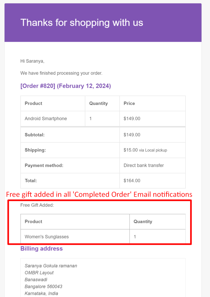 adding free gifts to completed order email notifications in WooCommerce