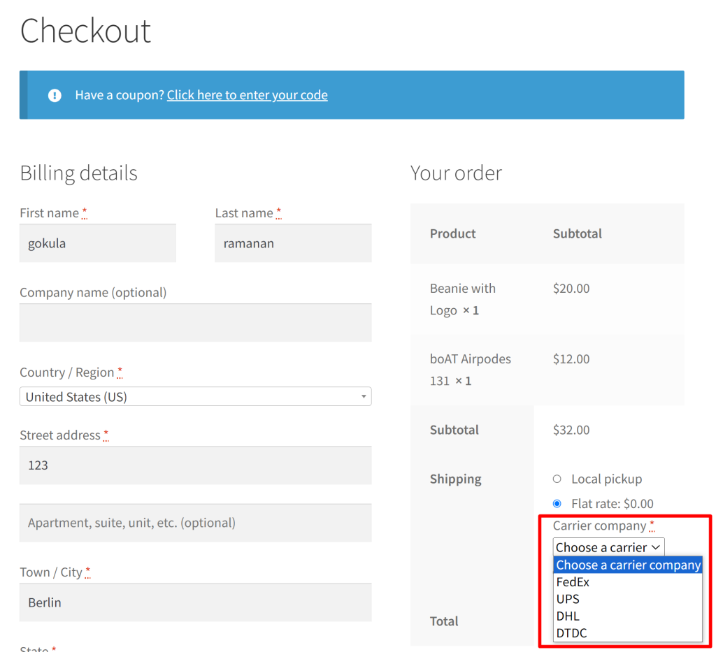 How to Add Carrier Field for a Shipping Method in WooCommerce Cart and Checkout? - Tyche Softwares