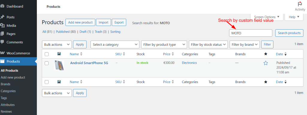 search WooCommerce products by custom field