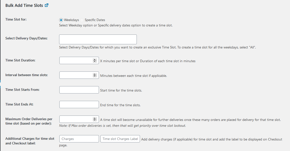 Add time slots in bulk settings